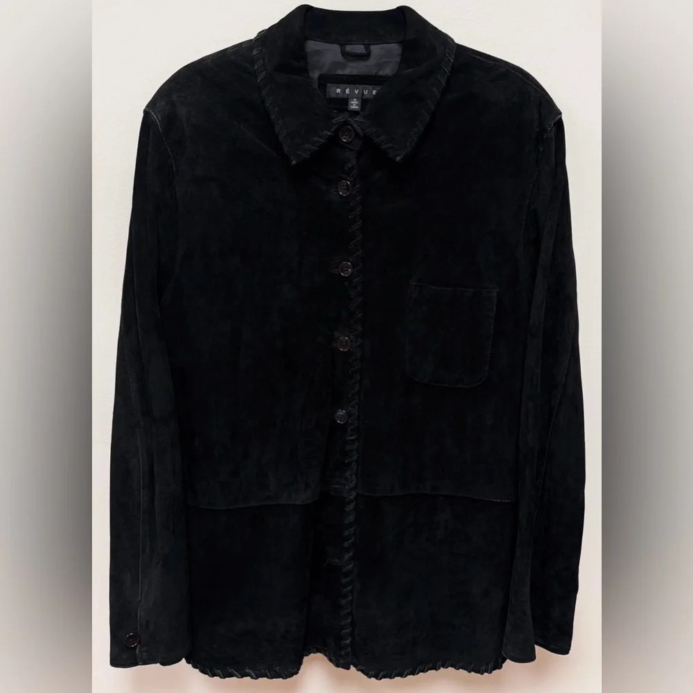 Revue Black Suede Jacket with Whipstitch Trim Size 12 - Picture 1 of 7